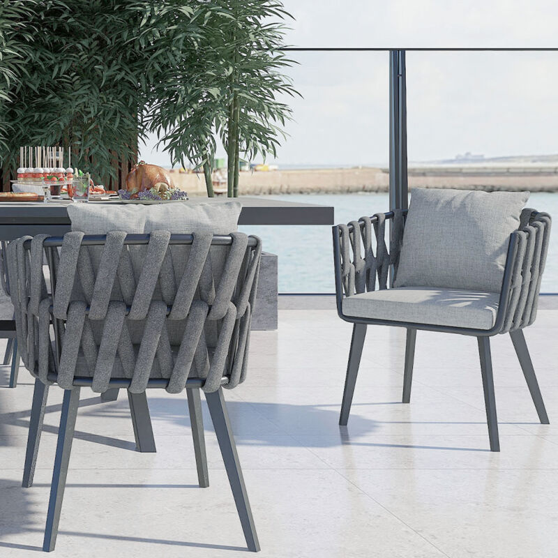 Chaise de salle à manger d'extérieur en aluminium et corde tressée avec coussin (grise)