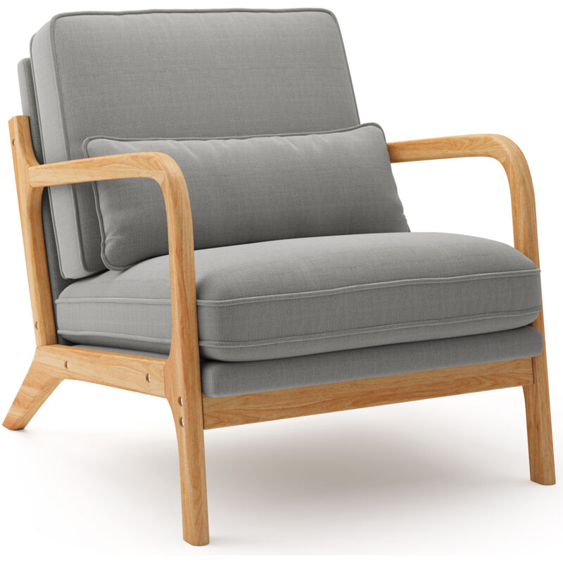 Fauteuil de Salon Bealife en Bois avec Coussins en Lin pour Chambre Coin Lecture Balcon 82×65×75 cm Gris Clair