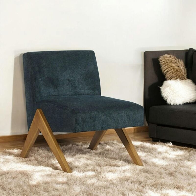 Fauteuil de salon bois et velours bleu soho