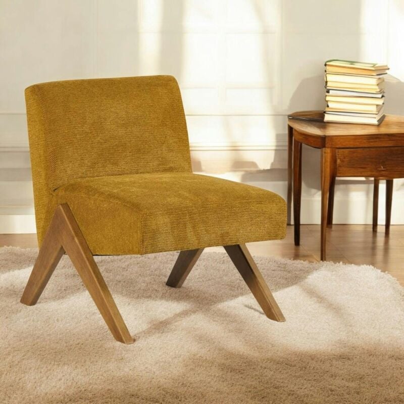 Fauteuil de salon bois et velours moutarde SOHO