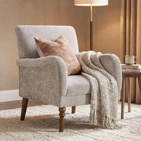 Fauteuil de salon, canapé 1 place avec dossier haut, accoudoirs, assise large, pieds en bois d'hévéa, tissu en lin, gris
