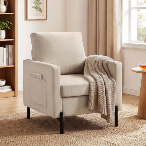 Fauteuil de salon, canapé 1 place rembourré avec accoudoirs, assise large et pieds en acier, 73 x 77 x 87 cm, beige
