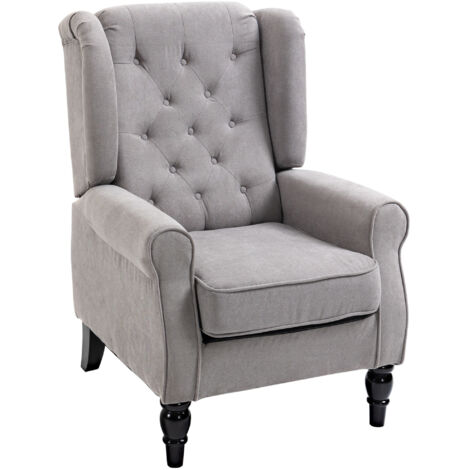 Fauteuil de salon capitonné avec assise large, pieds en bois, style classique, grand confort, 74 x 86 x 102 cm, gris