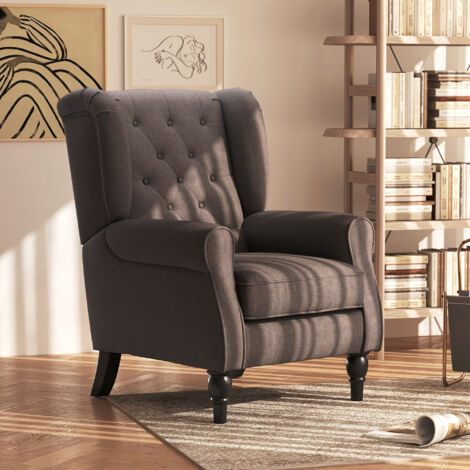 Fauteuil de salon capitonné avec assise large. pieds en bois. style classique. grand confort. 74 x 86 x 102 cm. marron