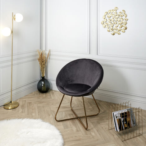 The Home Deco Factory – Fauteuil relax en velours gris – Dimensions L. 64 x l. 62,5 x H. 74 cm – Pieds en métal doré – Rembourrage en mousse confortable