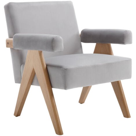 Fauteuil de Salon en Bois Massif Fauteuil Salon Confortable avec Accoudoirs Fauteuil Relax pour Salon, Velours, Gris