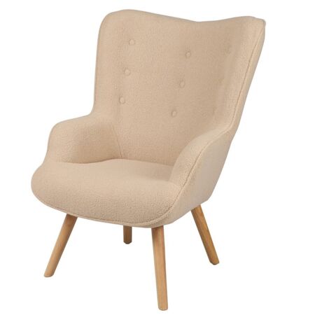 Fauteuil de salon en tissu teddy beige avec pieds en bois collection ENJOY. Style scandinave