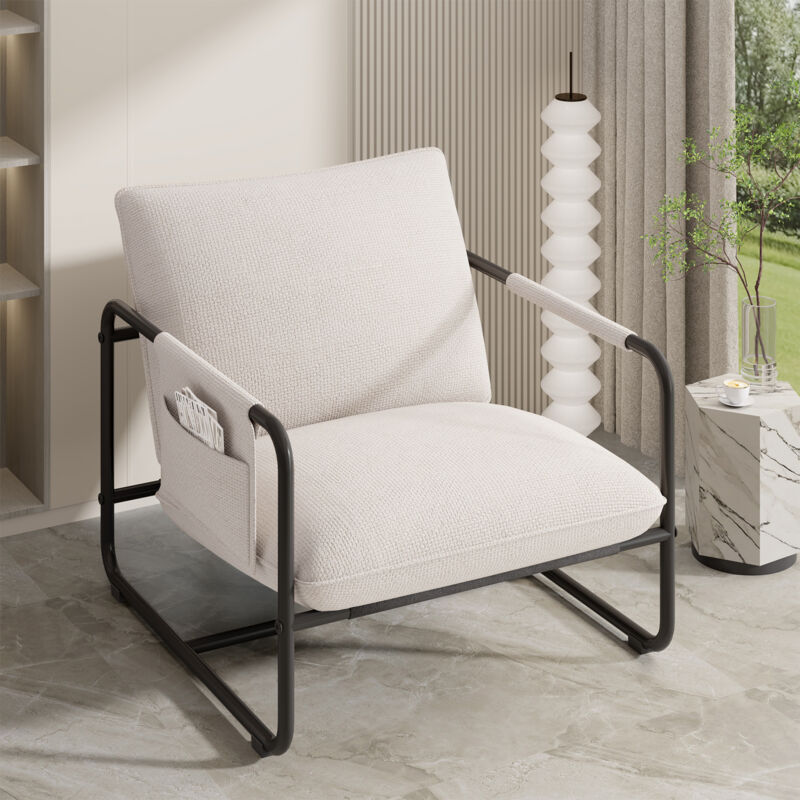 Fauteuil de Salon en Tissu,Chaise Loisirs Confortable,Cadre en métal, Fauteuil Relax Modern pour Salon et Chambre,Blanc