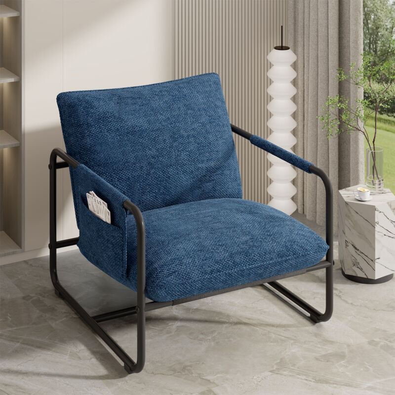 Fauteuil de Salon en Tissu,Chaise Loisirs Confortable,Cadre en métal, Fauteuil Relax Modern pour Salon et Chambre,Bleu foncé