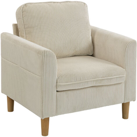 Fauteuil de salon en velours côtelé, canapé 1 place rembourré avec assise large et coussin à ressorts, 83x74x87cm, beige