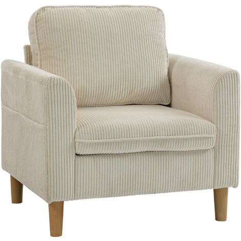 Fauteuil de salon en velours côtelé, canapé 1 place rembourré avec assise large et coussin à ressorts, 83x74x87cm, beige