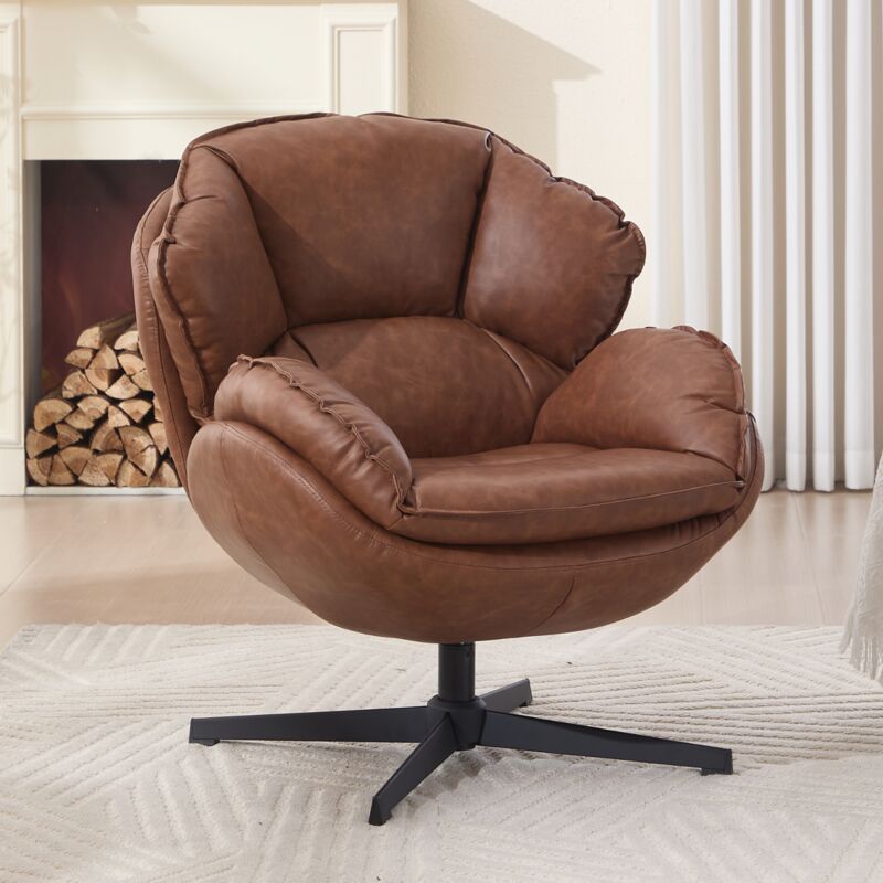 Wahson Fauteuil Relax en Cuir PU pour Salon, Fauteuil de Salon Pivotante Fauteuil Salon Moderne avec Coussin Epais, Cadre en Métal, Marron