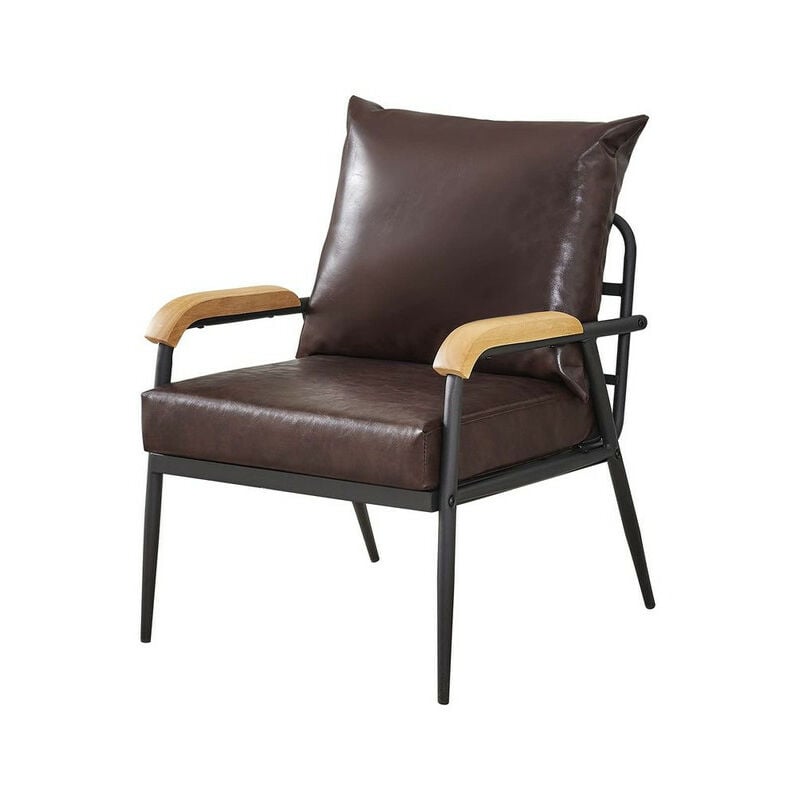 Fauteuil de salon simple en simili cuir doux avec support en métal, Marron foncé
