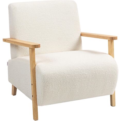 Fauteuil de salon style nordique avec revêtement en tissu sherpa, fauteuil de chambre avec accoudoirs et pieds en bois d'hévéa, rembourrage épais, crème