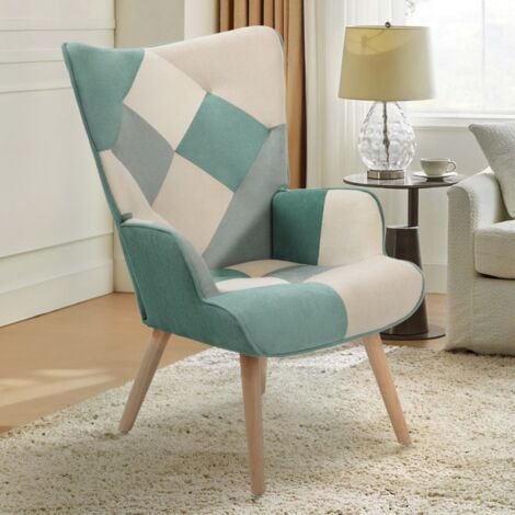 AHD AMAZING HOME DESIGN Fauteuil de salon style patchwork scandinave bois blanc et bleu Chapty