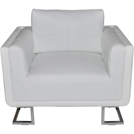 Fauteuil de Salon，Chaise，Fauteuil cube avec pieds chromés Blanc Similicuir CFW200897