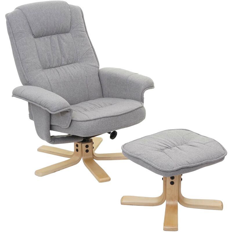 fauteuil de télé m56, fauteuil de relaxation avec tabouret, tissu gris clair - grey