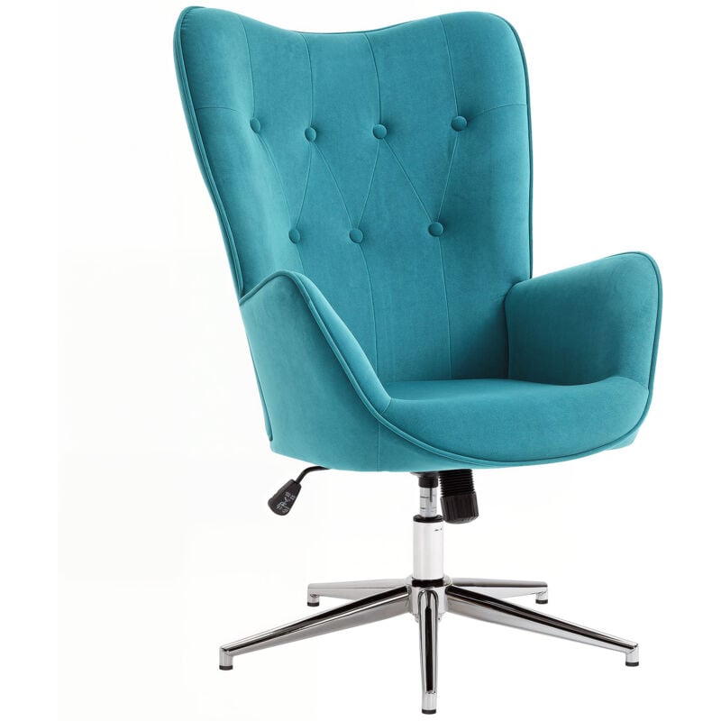 Homcom - Fauteuil design Chesterfield effet capitonné hauteur réglable pivotant 360° piètement chromé velours bleu canard