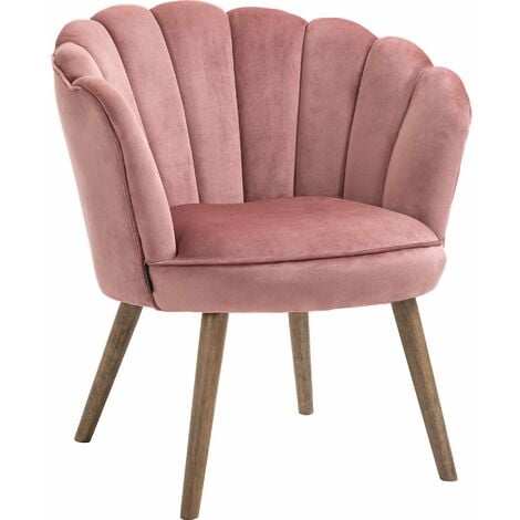 HOMCOM Fauteuil design coquillage piètement effilé bois d'hévéa dossier enveloppant strié aspect velours rose poudré