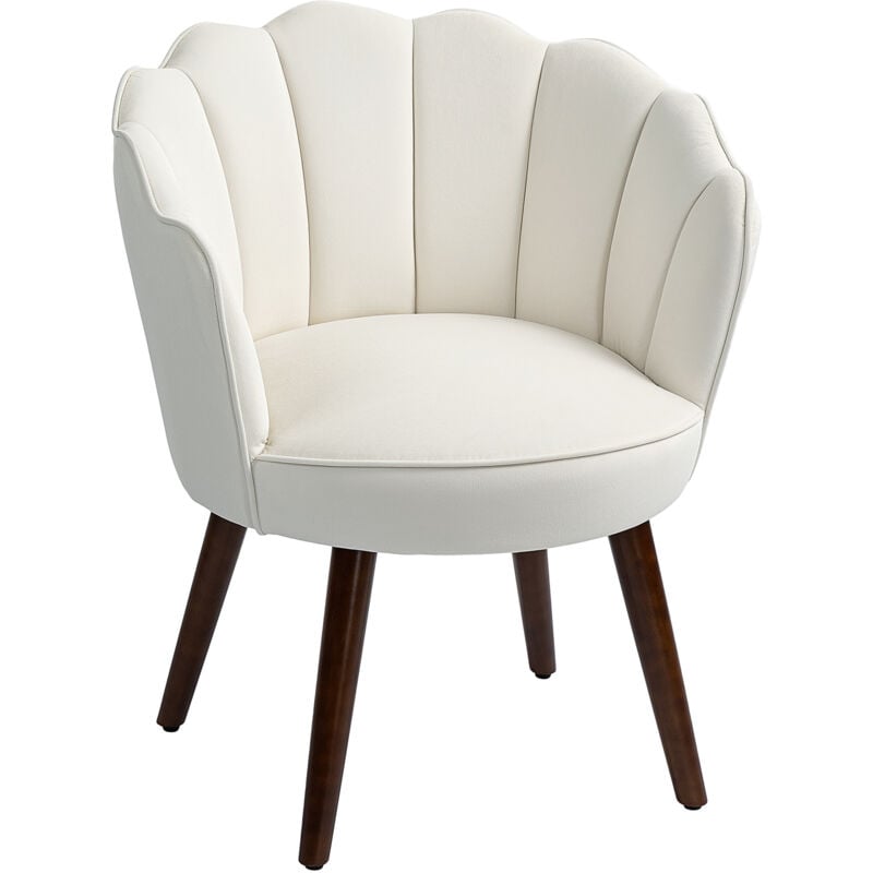 Homcom - Fauteuil design coquillage piètement effilé bois d'hévéa dossier enveloppant strié aspect velours crème