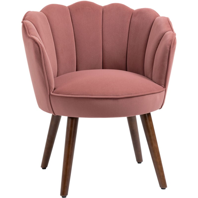 Fauteuil design coquillage piètement effilé bois d'hévéa dossier enveloppant strié aspect velours rose poudré