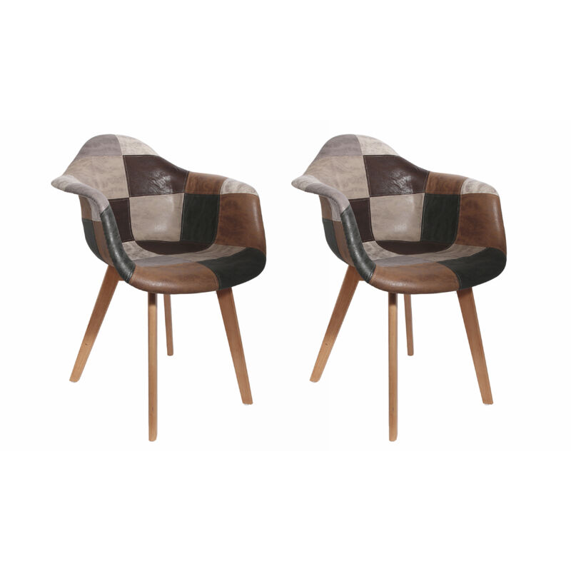 Fauteuil relax patchwork en PU – Lot de 2 – 4 pieds en bois brut – Revêtement doux pour confort optimal
