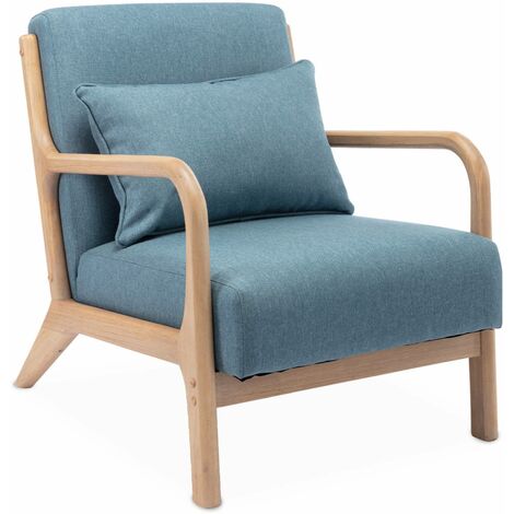 Fauteuil design en bois et tissu. 1 place droit fixe. pieds compas scandinave. assise confortable. structure en bois solide. bleu