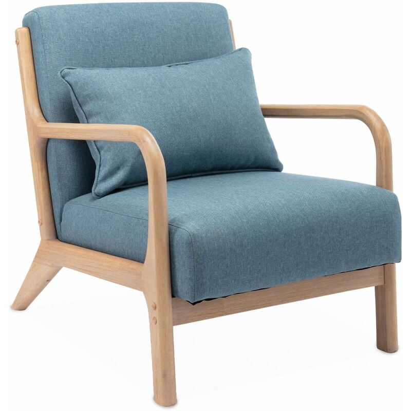 Sweeek - Fauteuil design en bois et tissu. 1 place droit fixe. pieds compas scandinave. assise confortable. structure en bois solide. bleu