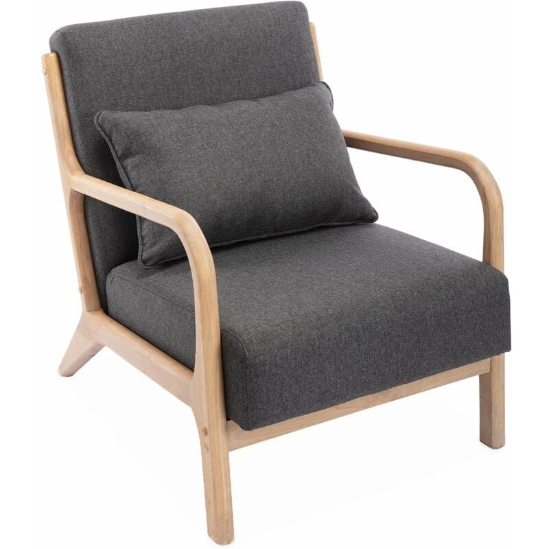 Fauteuil design en bois et tissu. 1 place droit fixe. pieds compas scandinave. structure en bois solide. assise confortable. gris foncé