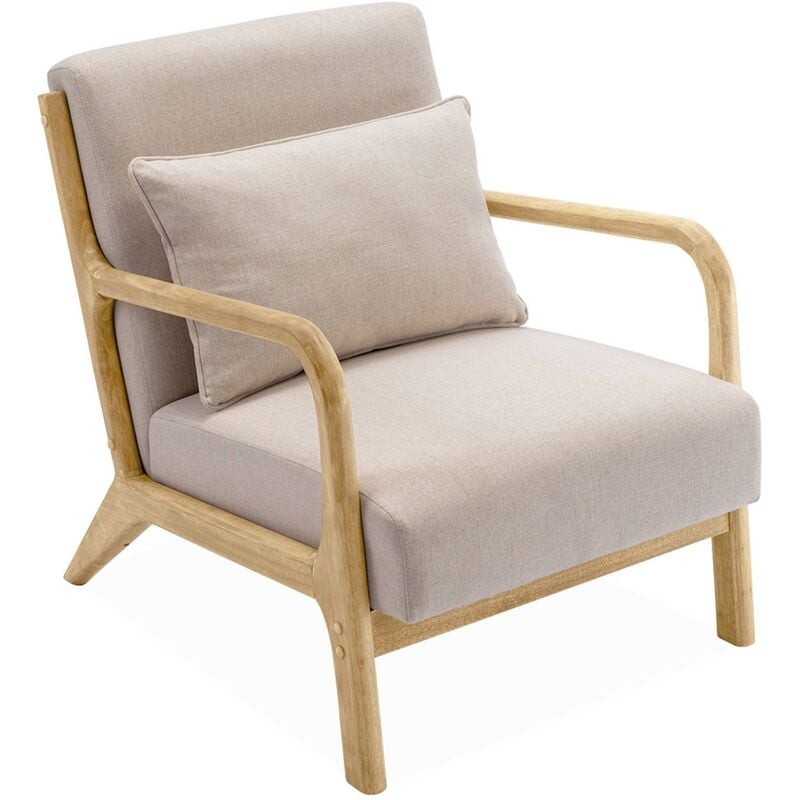 Sweeek - Fauteuil design en bois et tissu. 1 place droit fixe. pieds compas scandinave. structure en bois solide. assise confortable beige