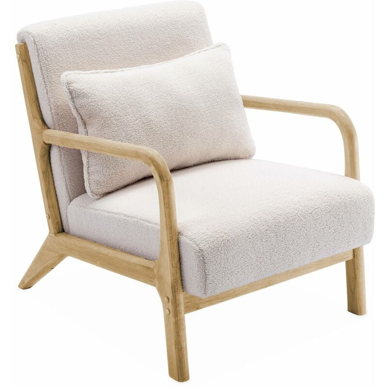 Sweeek - Fauteuil à bouclettes blanches. bois et tissu. 1 place droit fixe. pieds compas scandinave. structure en bois solide. assise confortable