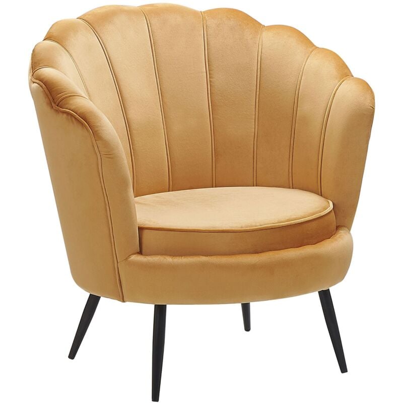 Fauteuil Design Fleur Tapissé en Velours Jaune sur Pieds Obliques en Métal Noir Idéal pour Salon au Style Rétro Glamour et Vintage Beliani