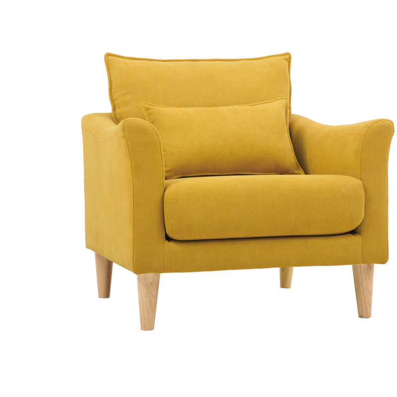 Fauteuil scandinave en tissu effet velours jaune moutarde et bois clair kate