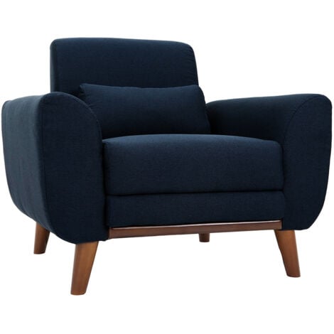 Miliboo Fauteuil Design Tissu Bleu et Pieds Noyer EKTOR