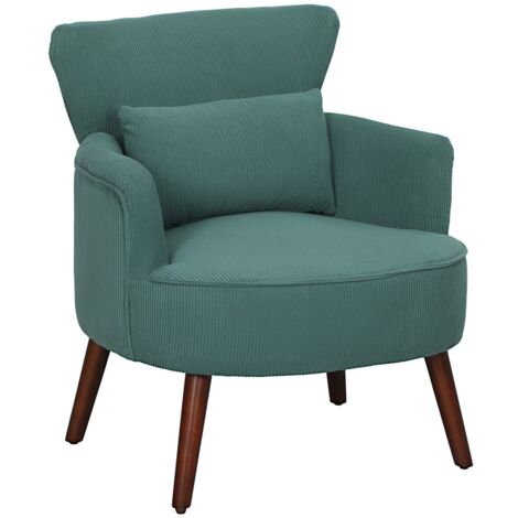 Fauteuil design vert foncé - Tissu corde et pieds en bois - Assise rembourrée et accoudoirs arrondis - Supporte 120 kg