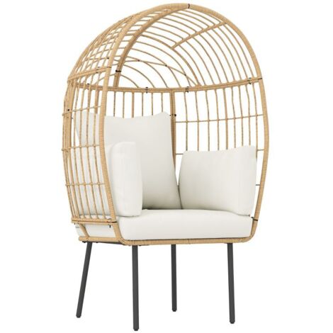 Fauteuil d'extérieur en rotin beige, forme œuf, avec coussin amovible, dimensions : 95 x 80 x 155 cm.