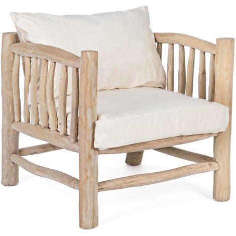 Fauteuil en bois teck naturel avec coussin blanc Sary