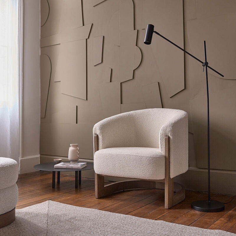 Fauteuil en chêne massif et tissu bouclette écrue