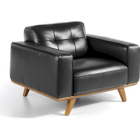 Fauteuil en cuir pieds bois massif de frêne - Noir, noyer