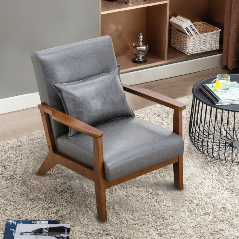 Fauteuil en cuir pu tapisé style vintage-Fauteuil en bois naturel de bureau de chambre à coucher, 68.5 x 81 x 80 cm gris