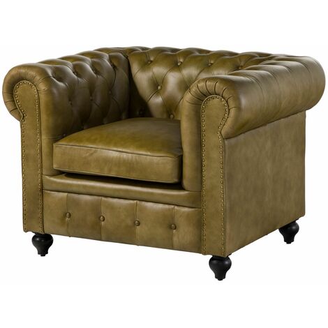 Fauteuil en cuir véritable vert CHESTERFIELD 302