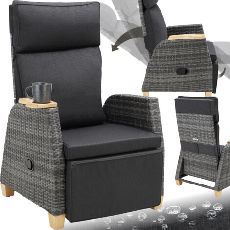 Tectake – Fauteuil relax en rotin tressé – Cadre aluminium inoxydable – Dossier et repose-pied réglables jusqu'à 45° – Rembourrage épais déperlant