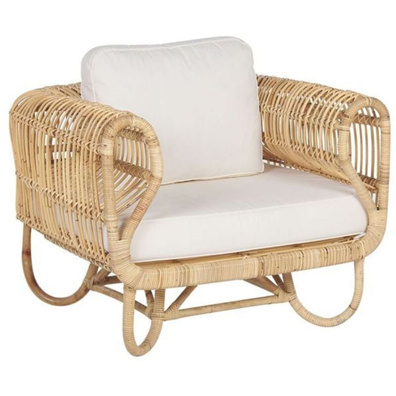 Fauteuil Design en Rotin Naturel avec Accoudoirs Décoratifs et Coussins Beiges pour Chambre Salon ou Jardin au Style Boho et Rustique Beliani