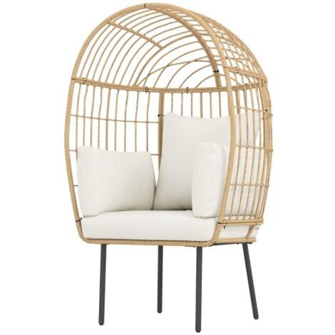 Fauteuil en rotin en forme d'œuf avec coussin amovible, fauteuil d'extérieur surdimensionné en rotin, chaise de jardin en osier résistant aux intempéries pour jardin, balcon, véranda, terrasse, beige