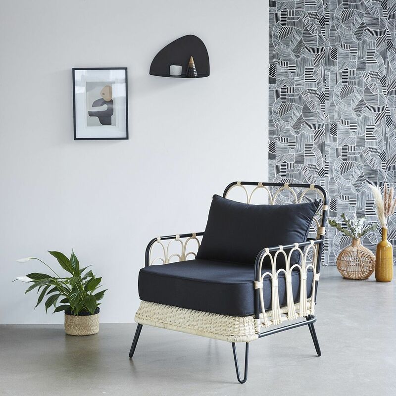 Fauteuil en rotin et métal rétro - Noir