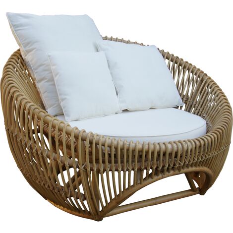 Fauteuil en Rotin Naturel pour Jardin ou Terrasse Chillvert Parma 105x104x70 cm avec Coussins Blancs