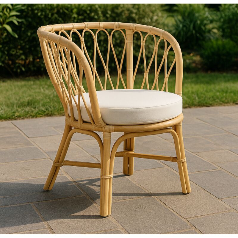 Fauteuil en rotin "Rannes" - Beige - Chaise pour Extérieur ou Intérieur - Coussin blanc cassé - D 65 x l 65 x H 85 cm - Livraison gratuite
