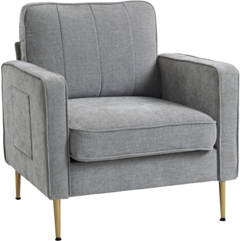 Fauteuil en tissu avec pieds en acier doré, grand confort, pochettes latérales, pour salon, bureau, chambre, gris