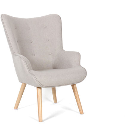 Fauteuil en tissu beige avec les pieds en bois naturel, modèle Sérénité