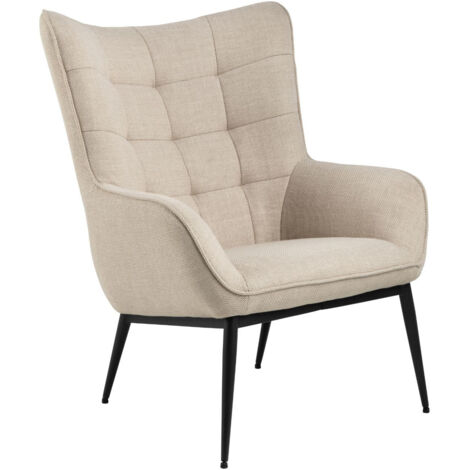 Fauteuil en tissu beige capitonné piétement oblique en métal noir - OTIS